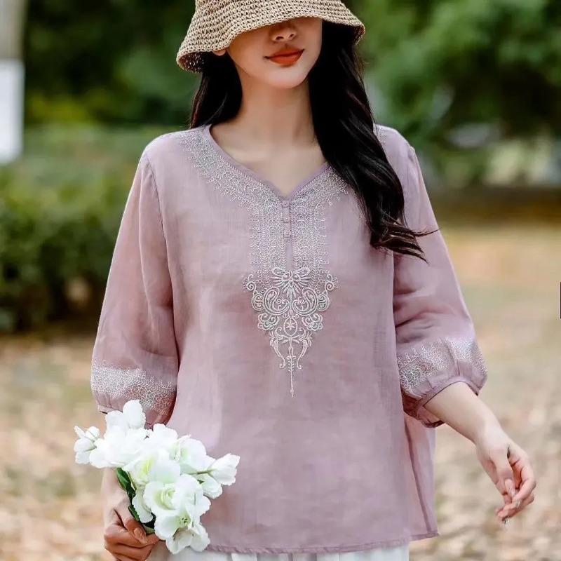 Light Yellow V Neck Embroidered Three Quarter Sleeve Linen Blend Blouse for Women