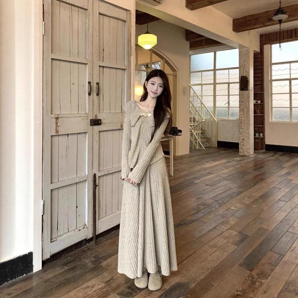 French-Inspired Knit Top & High-Waisted Skirt Set for Women - Slim Fit, Spring/Autumn Collection