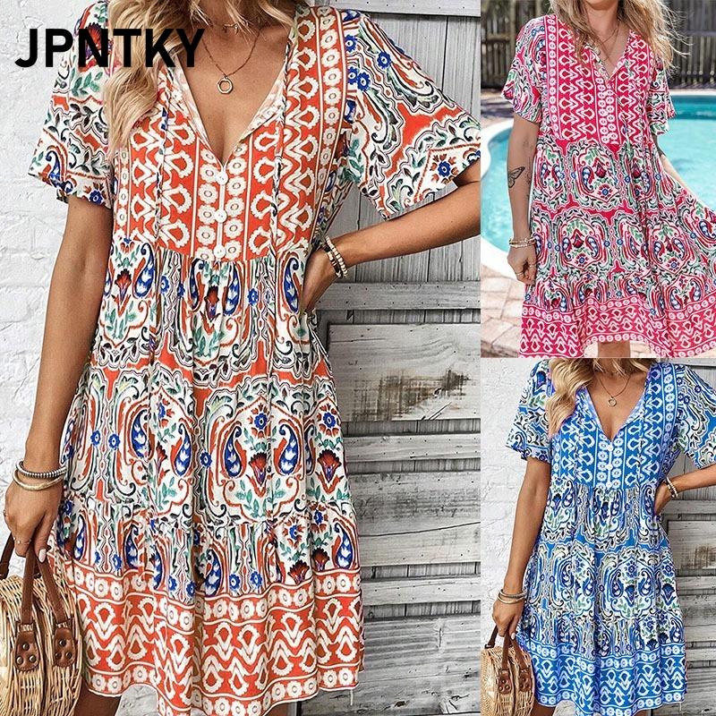 JPNTKY Mode Sommer Frühling Kurzarm V-Ausschnitt Freizeitkleider