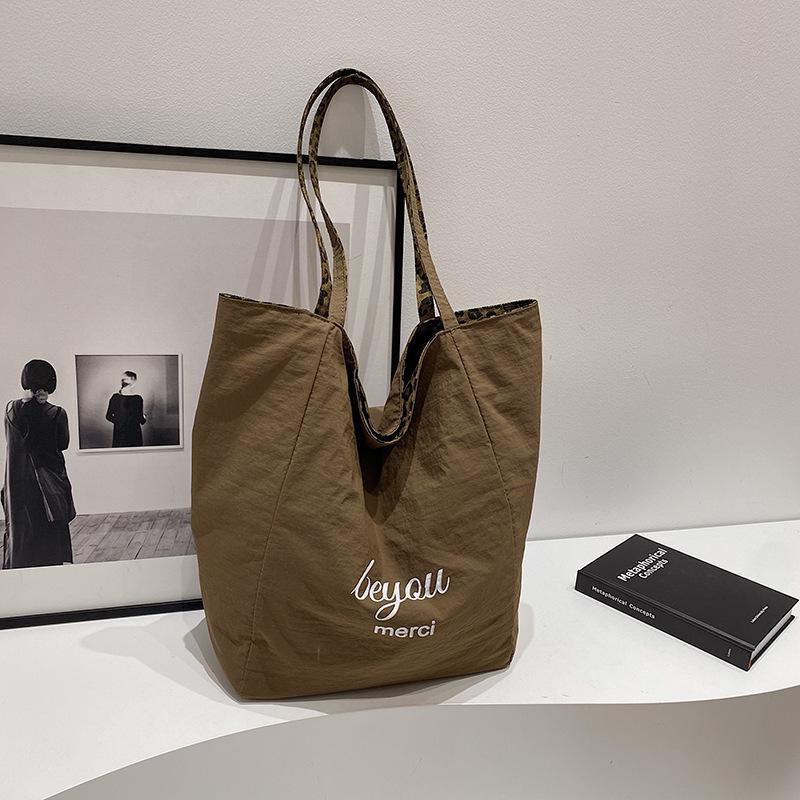 Leopard Print Double-Sided Canvas Tote - Large Capacity College Style Shoulder Bag