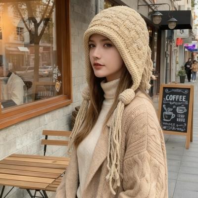 Autumn and Winter Sweet Knitted Hat with Long Tassels Windproof Ear Protection Hat Keep Warm Women Bucket Cap