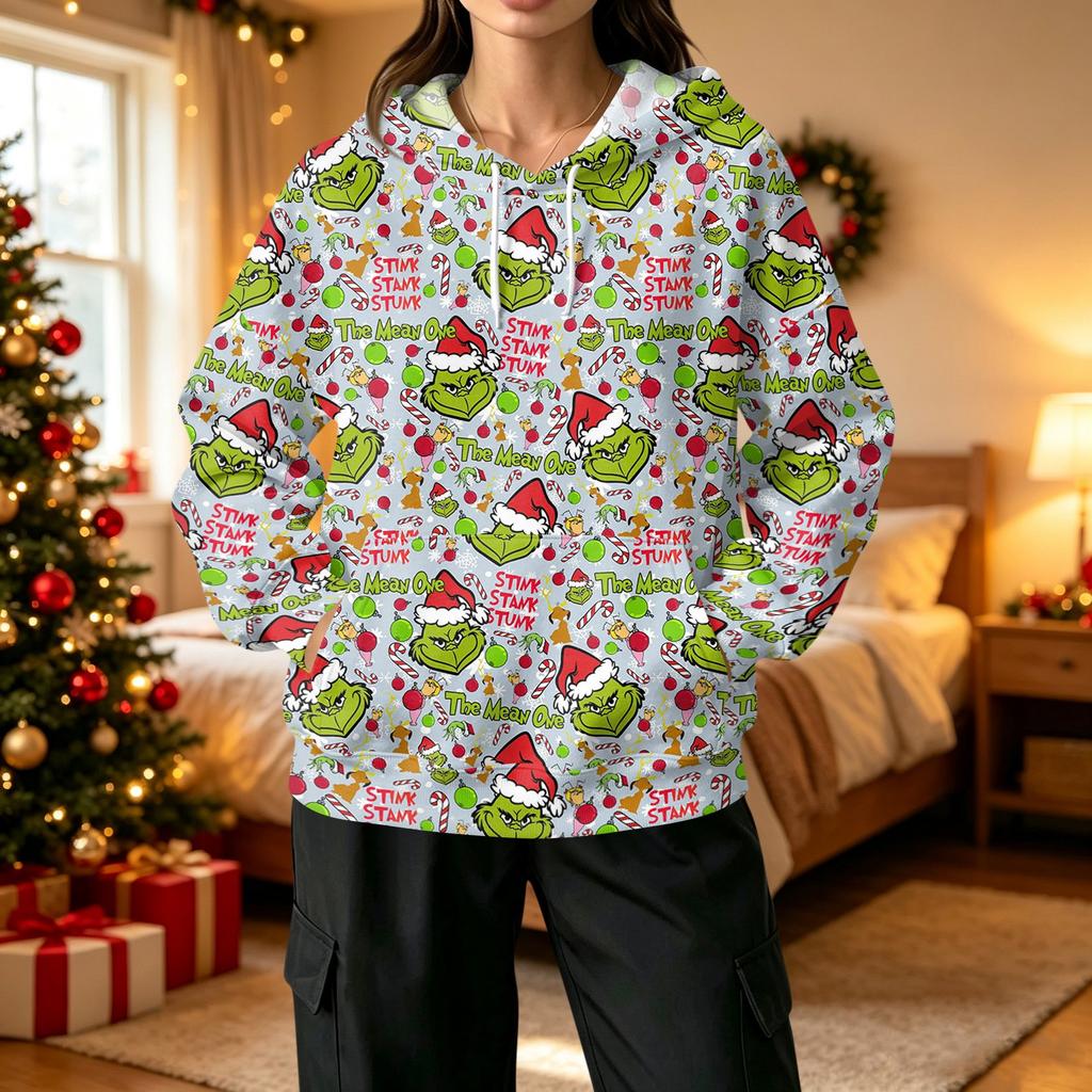 Women's Fashion Casual Christmas Print Hooded Sweatshirt with Pockets
