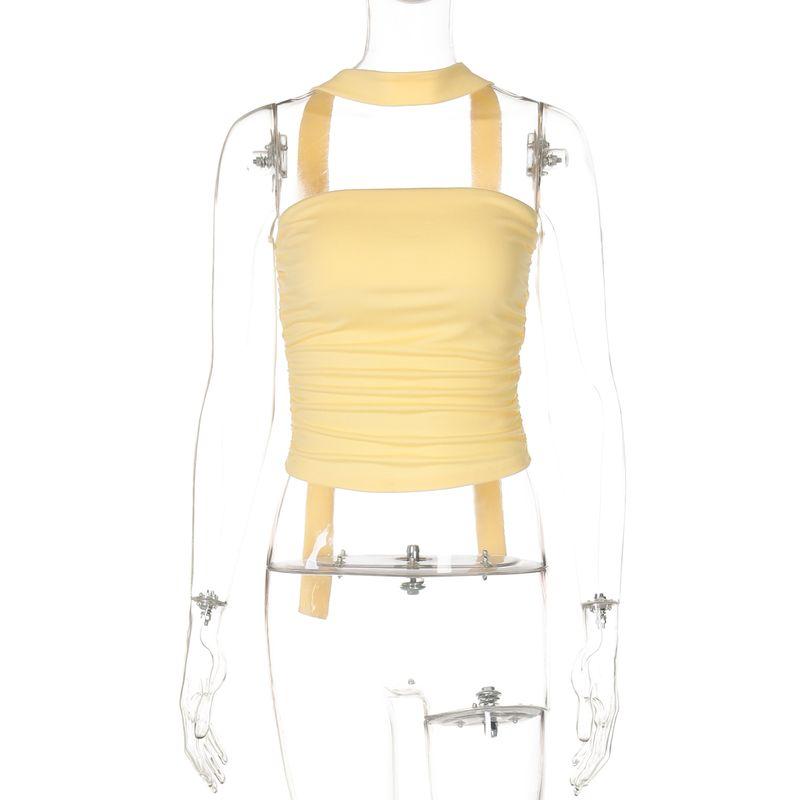 

Shemoda Summer All-Matching Sexy off-Neck Tube Top Women s Pleated High Waist Stretch Silm Tank-Top + Ribbon Yellow S