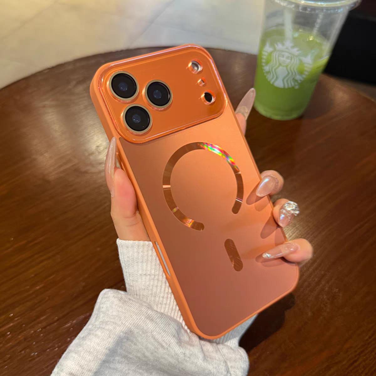

Large Window Glass Camera Protect Laser Phone Case For iPhone 17 Air 16 15 14 13 12 11 Pro Max For Magsafe Magnetic Charge Cover iPhone 15 Pro Max помаранчевий