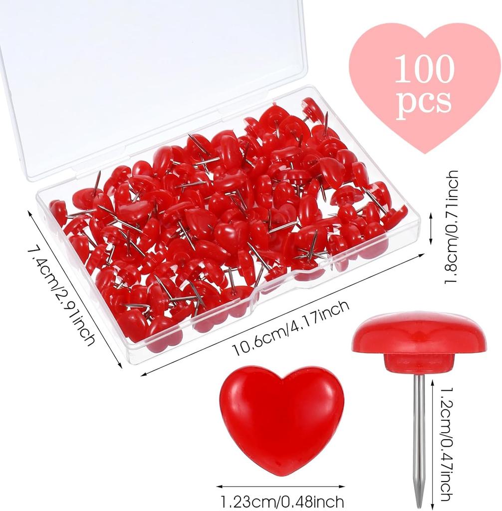 50Pcs Push Pins,  0.47 Inch Red Love Heart Pins Cute Thumb Tacks for Cork Board Plastic Push Pin.