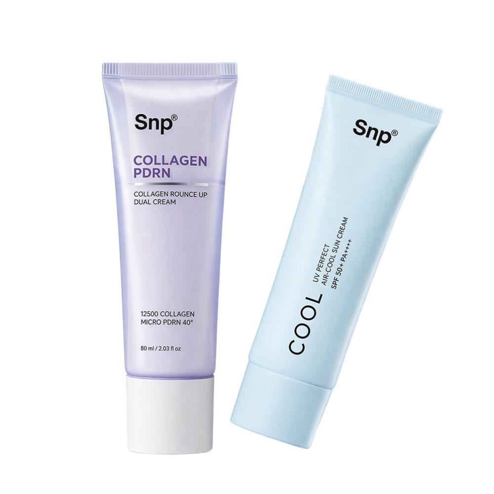 Snp Collagen PDRN Panthenol Bounce Up Glow Dual Moisture Cream 60ml and UV Air Cool Moisture Sunscreen 50g Firming and Sun Protection Skincare Duo Set