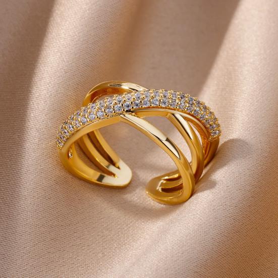 Finger Ring Adjustable Open Design Multi-Layer Interlaced Winding Shape Finger Band with Full Rhinestone Inlay Jewelry Gift