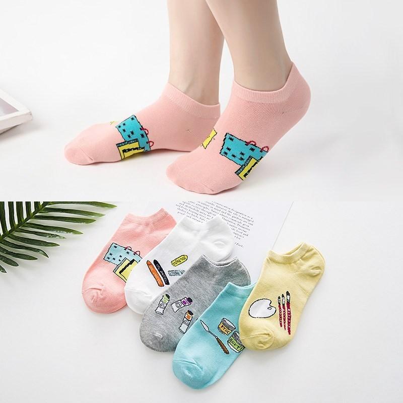 New 5Pairs Ladies Print Striped Women Invisible Footsies Shoe Liner Trainer Boat Socks Harajuku Kawaii Socks Women 36-41