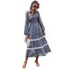 Women Autumn Winter O Neck Lantern Sleeve Lace High Waist Pleated Printed Dress