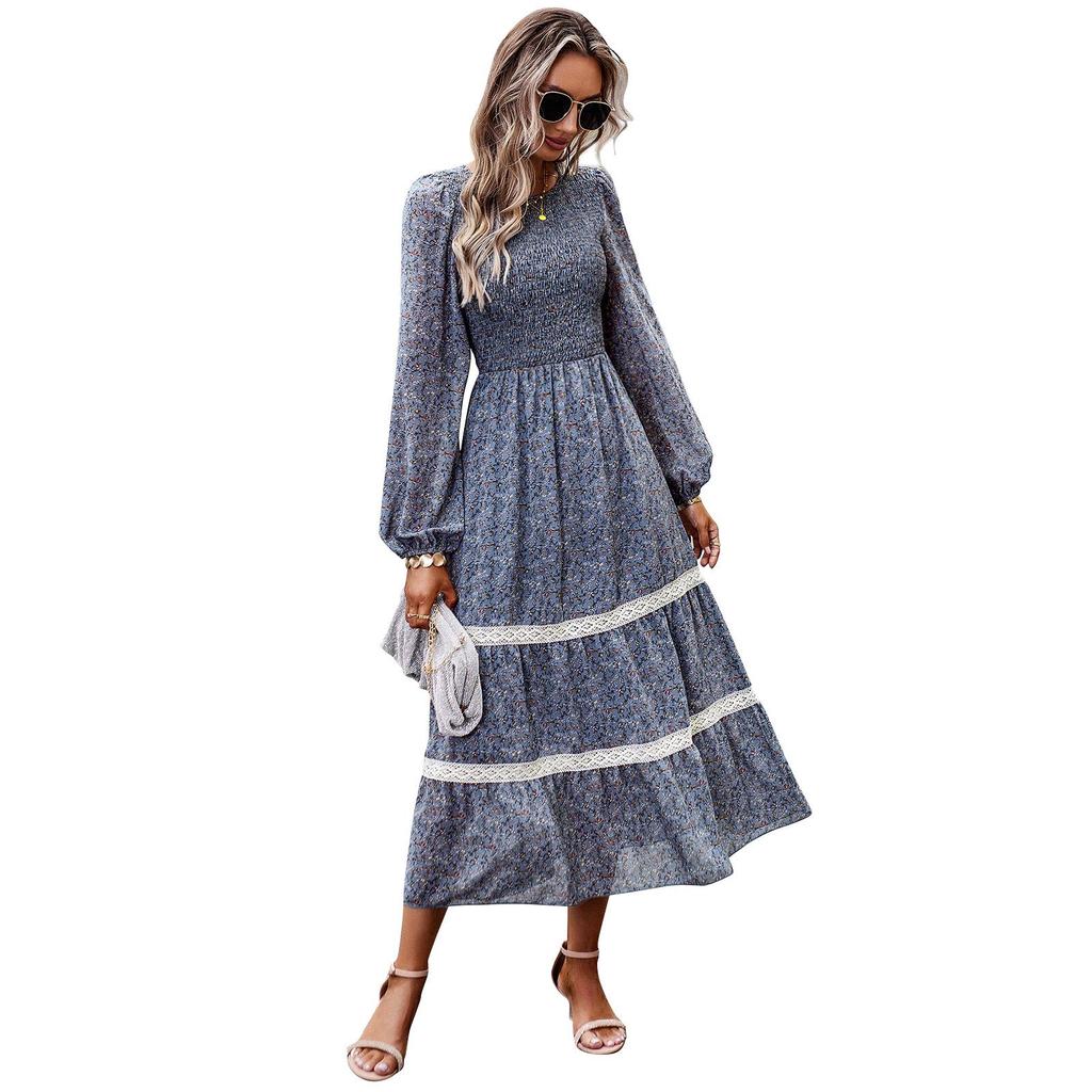 Women Autumn Winter O Neck Lantern Sleeve Lace High Waist Pleated Printed Dress