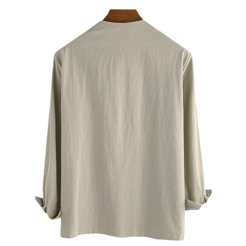 New Men's Loose Solid Color Drawstring Long Sleeve Shirt Cotton Hemp Collar Men's Shirt