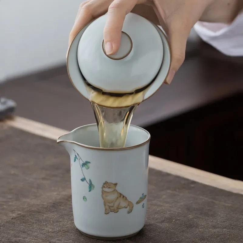 Traditional Ru Kiln Ceramic Tea Tureen Bowl Handmade Cat Pattern Teacup Travel Portable Gaiwan Home Tea Set Drinkware 160ml