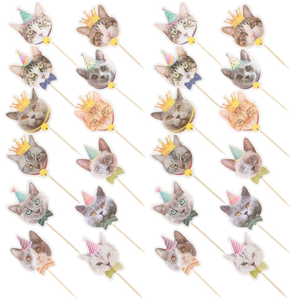 24 Stück Katzen-Kuchenaufsätze Tierdekorationen Bambusspieße Cupcake-Party Hochzeit Geburtstag Zubehör Festliche Partyartikel
