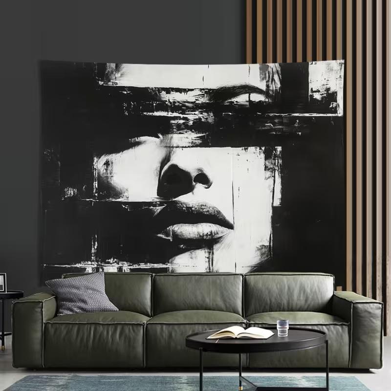 

2D Abstract Black White Face Tapestry, Grunge Modern Art Wall Hanging for Bedroom 47.2x31.5inch/120*80cm