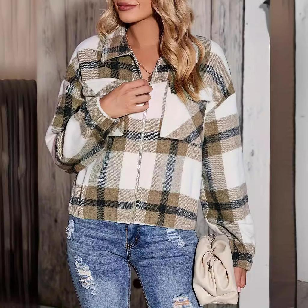 Autumn Winter Women's Plaid Zipper Jacket with Pockets - New Casual Short Style