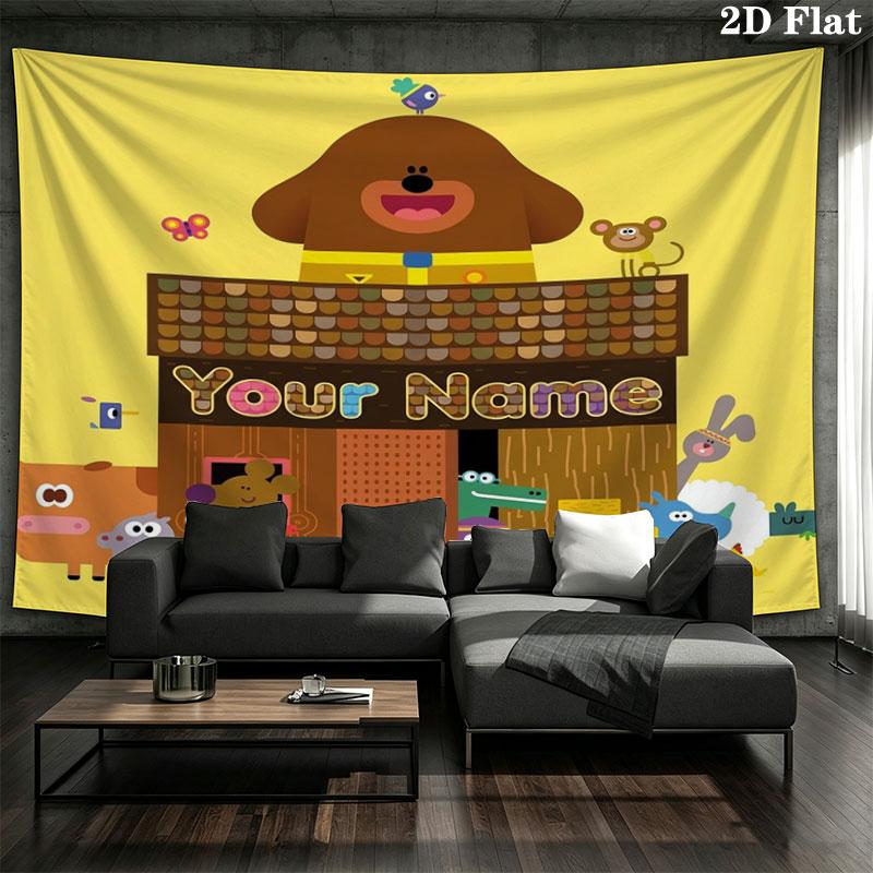 Hey Duggee Custom Name Wall Tapestry Aesthetic Wall Hanging Printed Fabric Blanket Decorative Tapestries for Bedroom Living Room Home Decor