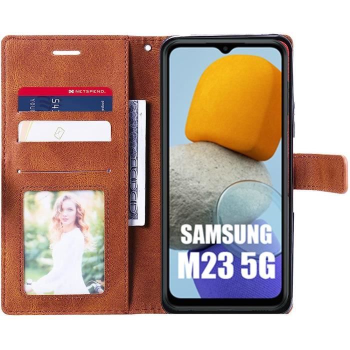 Case for Samsung Galaxy M23 5G Flip Case Stand Synthetic Leather Brown and 2 Tempered Glasses