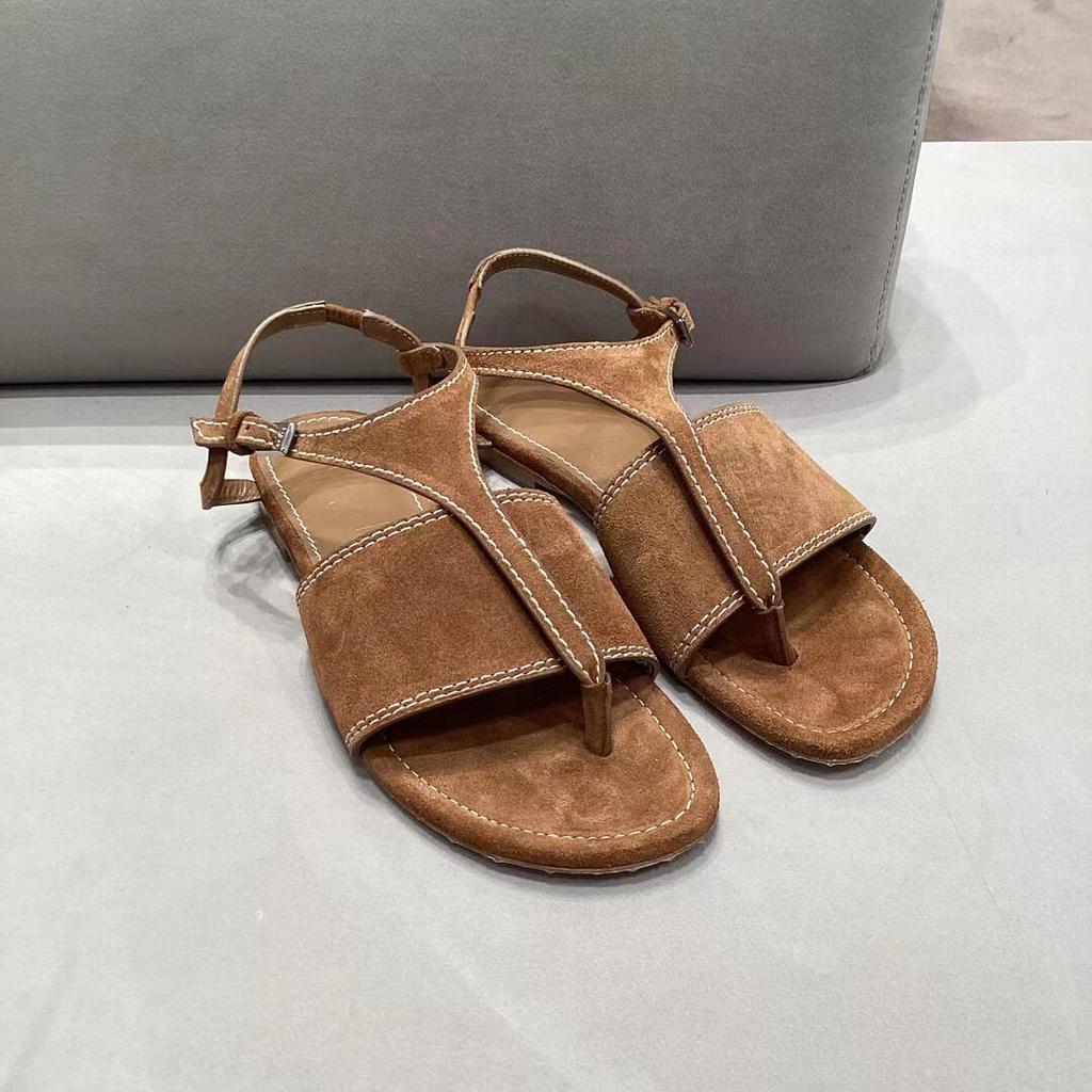 2025 neue Sommer Wildleder Zehen flache Römersandalen Damen Leder Retro vielseitig Fersenriemen coole Pantoletten