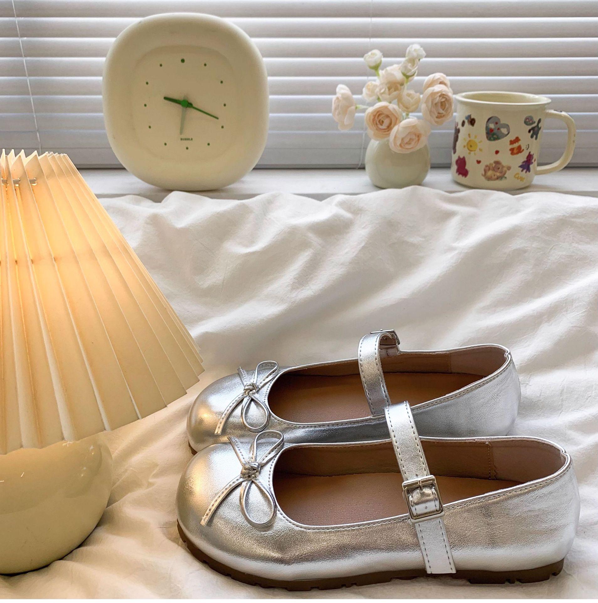

Silver French bow ballet shoes spring and autumn new soft sole with skirt Mary Jane small leather shoes 35 серебряный