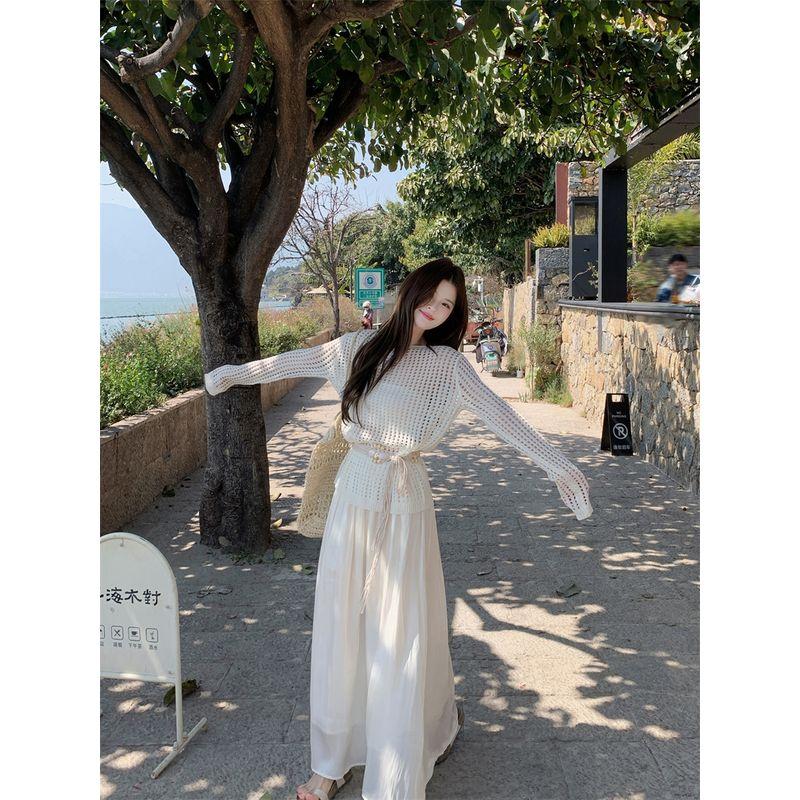 Kumikumi Fashion Set Loose Hollow Out Long Sleeve Knit Women Autumn High Waist Slimming Skirt Two-piece Set