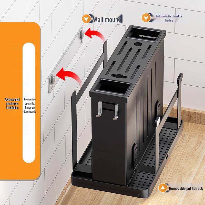 Multifunkční kuchyňský organizér z nerezové oceli s držákem na nože, prkénko a pokličky
