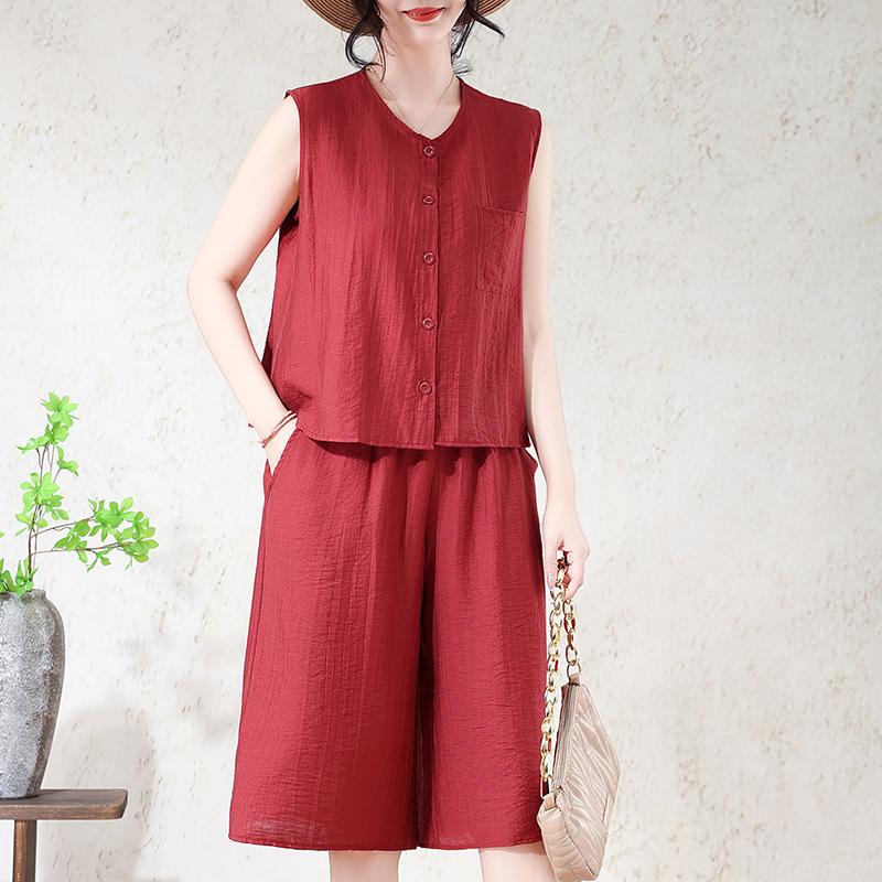 Ensemble 2 pièces pour femme grande taille en mélange de lin, Haut sans manches à boutons et Short large (XL-7XL)