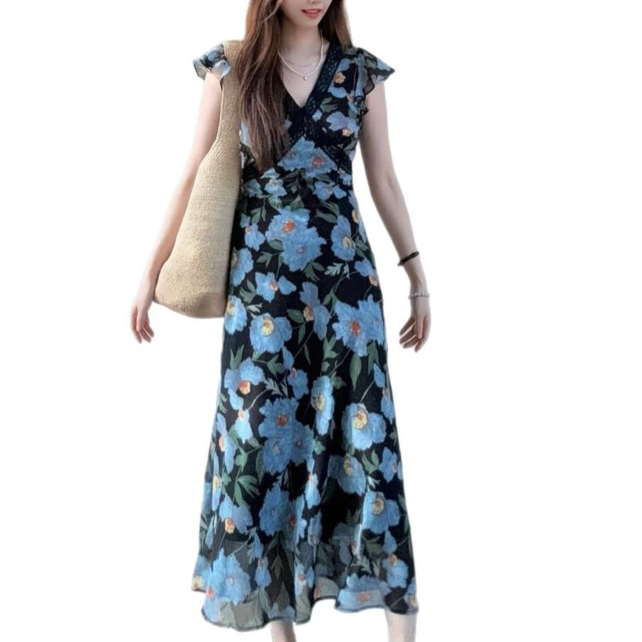 2026 Summer French Resort Style Long Floral Dress with Ruffled Sleeves and High Waist