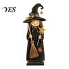 Solid Wood Halloween Crafts Vintage Wooden Witch Figurine, Statues with Ornaments Broom Pumpkin Black Cat, Fall Farmhouse Tabletop Decorations