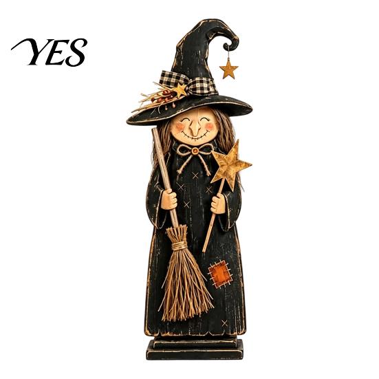 Solid Wood Halloween Crafts Vintage Wooden Witch Figurine, Statues with Ornaments Broom Pumpkin Black Cat, Fall Farmhouse Tabletop Decorations