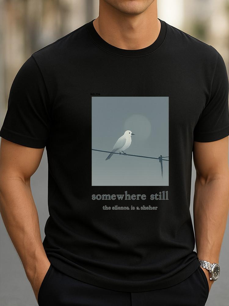 

Somewhere Still T-Shirt Minimalist Bird on Wire Graphic Tee Aesthetic Silence Unisex T-Shirt XXXL