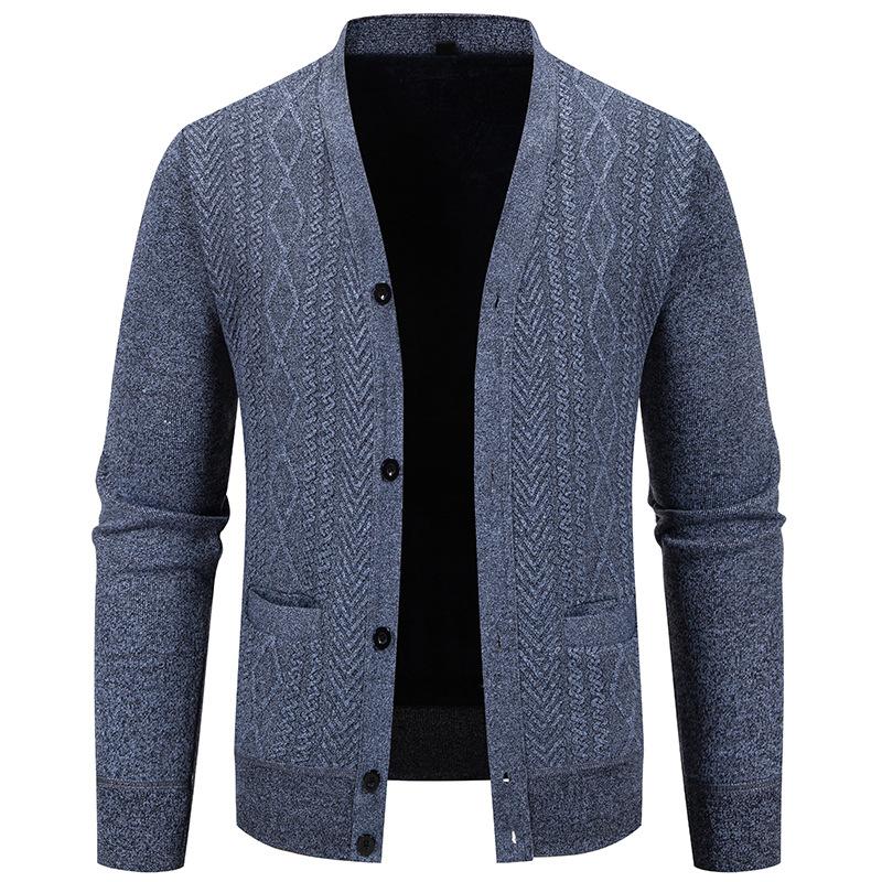 Men's Jacquard Button Cardigan Knitted Sweater Jacket Warm Plus Velvet Sweater Men