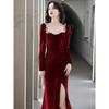 Autumn New Heavy Industry Handmade Beads French Square Collar Slim-fit Hip-wrapped Dress Dress Women's Split-ended Long Dress