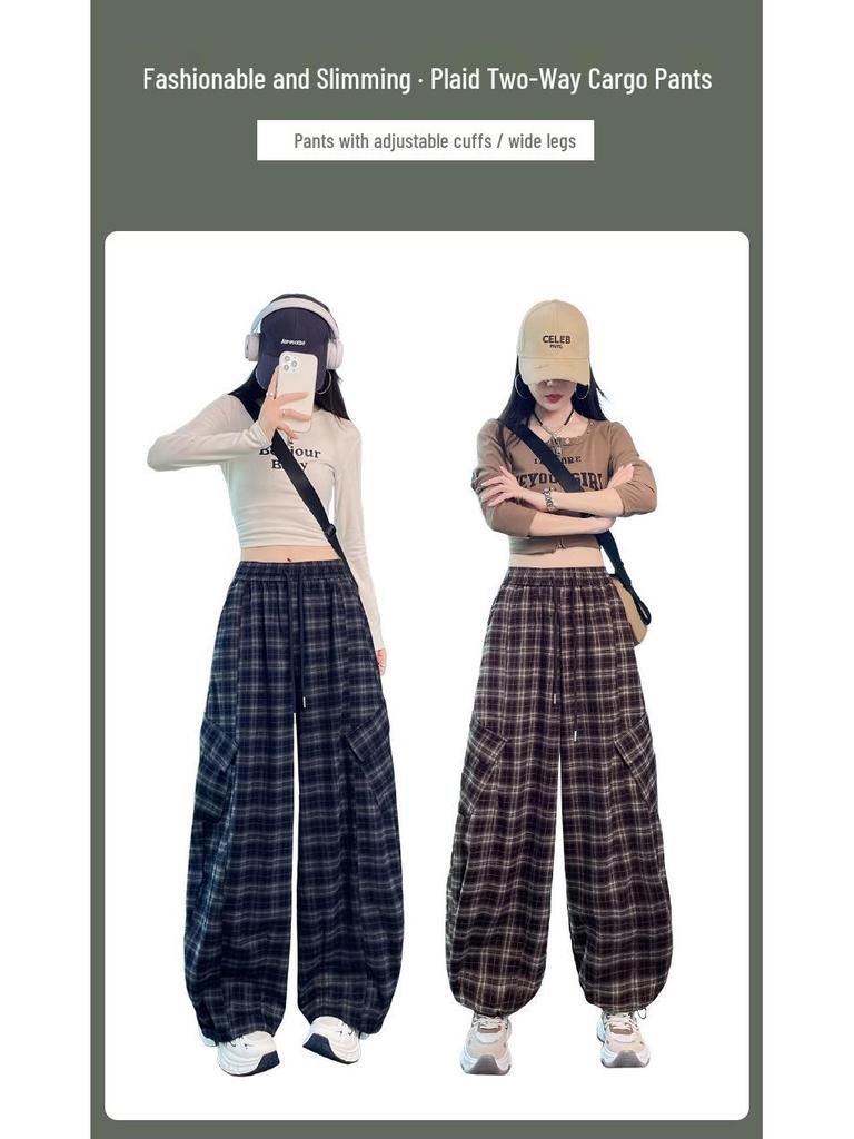 2026 Autumn Women's Retro Plaid High Waist Wide Leg Pants - Two-Way Casual & Sporty Wear