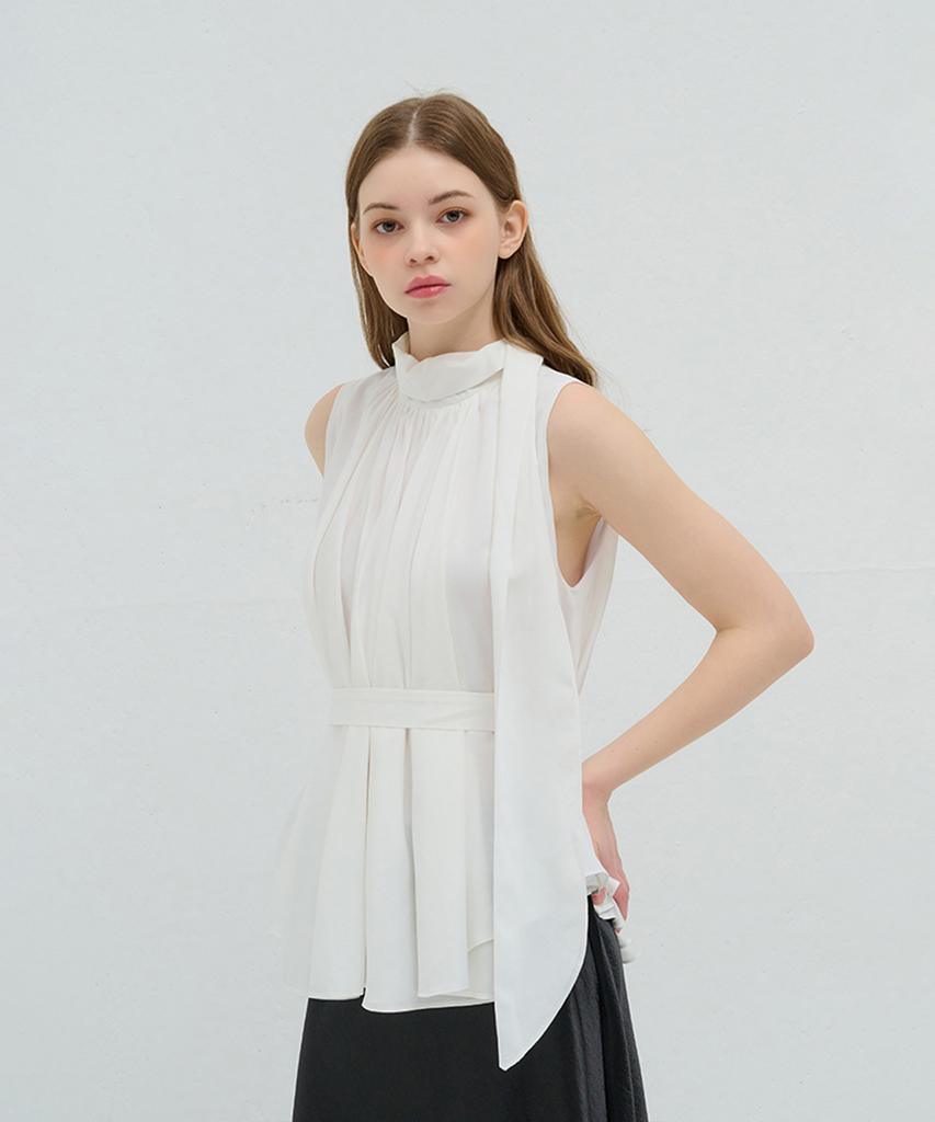 Kamino Tie Shirred Sleeveless Blouse White
