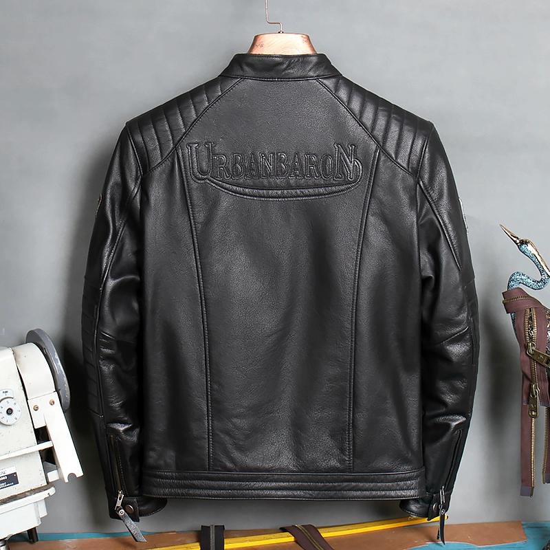 Męska kurtka motocyklowa vintage z prawdziwej skóry, dopasowana, ze stójką, kurtka motocyklowa, importowana skóra bydlęca licowa