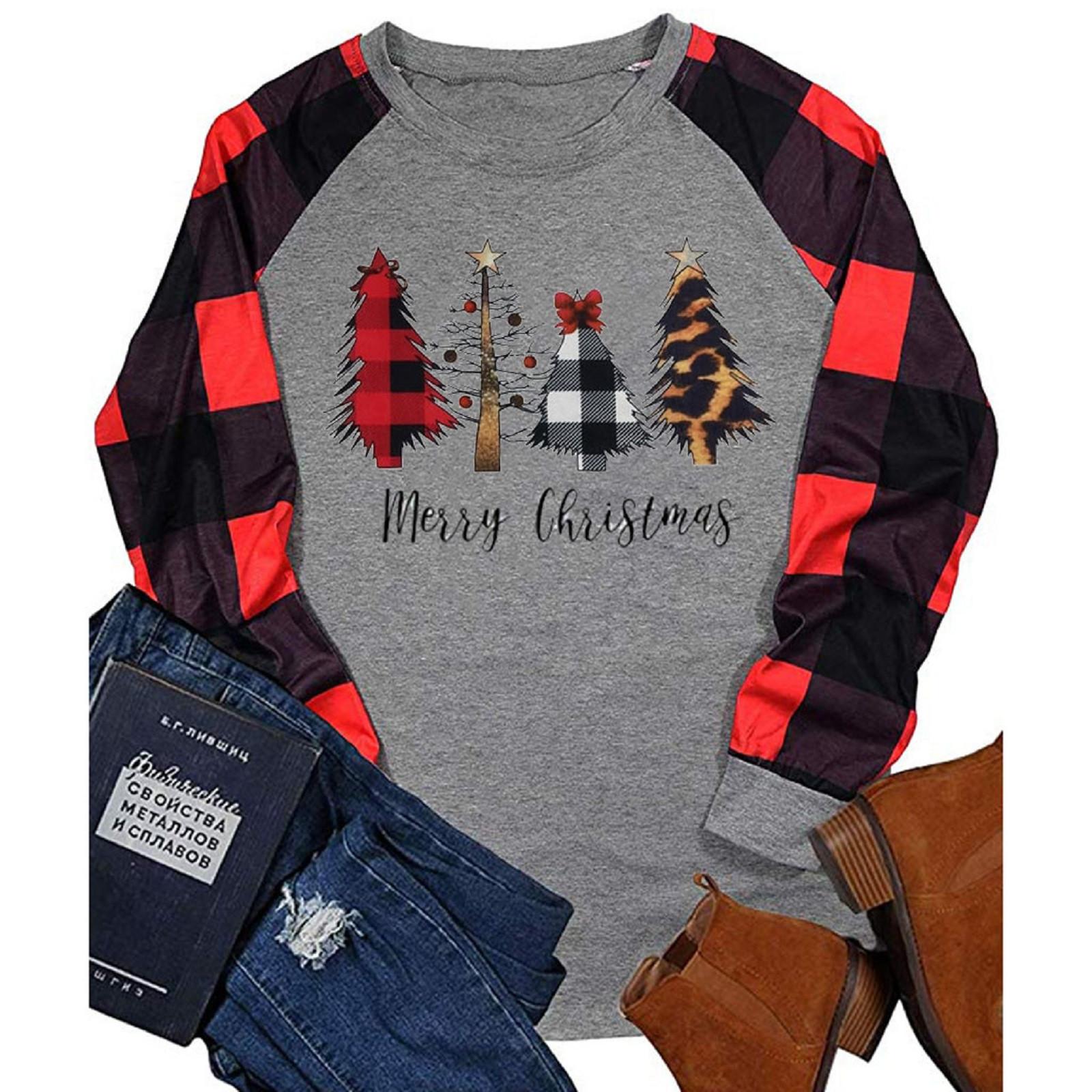 

Women Casual Printing Plaid Raglan Long Sleeve Shirts Blouse Tops