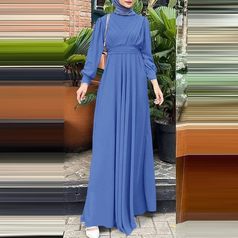 ZANZEA Muslim Women Casual Round Neck Long Sleeve Loose Long Dress