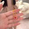 Luxury New Chinese Style Necklace 24K Gold Plated Red Peony Pendant with Red Corundum for Women
