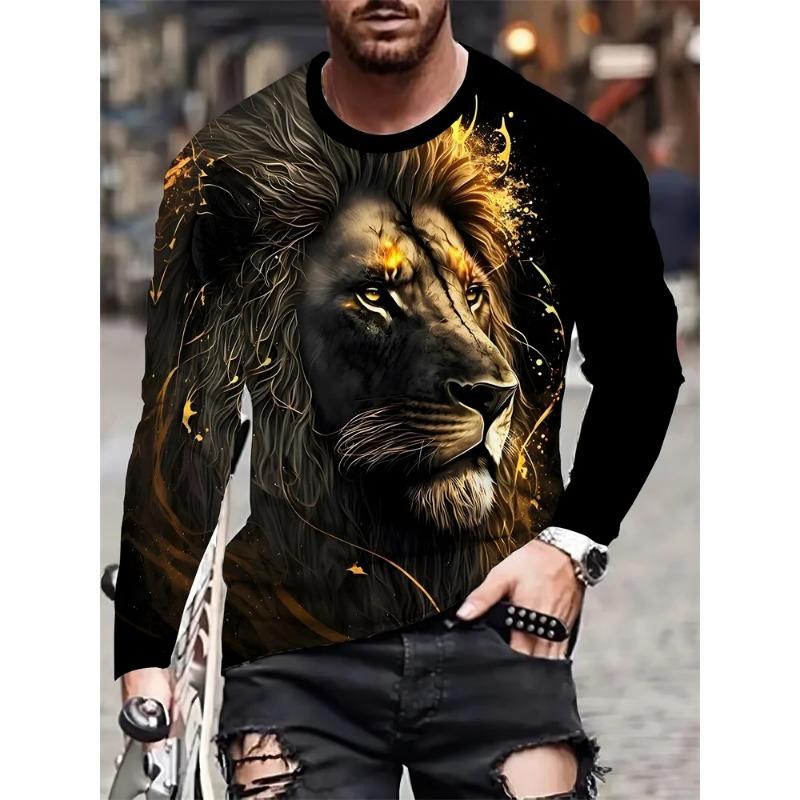 Spring and Autumn Round Neck 3D Lion Pattern Printed Top Fashionable Casual Long Sleeved Men's T-shirts
