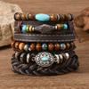 Retro European & American Men's Bracelet Set: Heart, Sunflower, Feather, Multi-Layer Design, 6-Piece