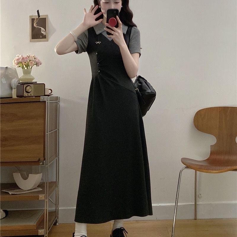 French Fake Two-piece Polo Collar Short-sleeved Dress 2026 Summer New Large Size Fat Mm Waist and Thin Temperament Long Dress
