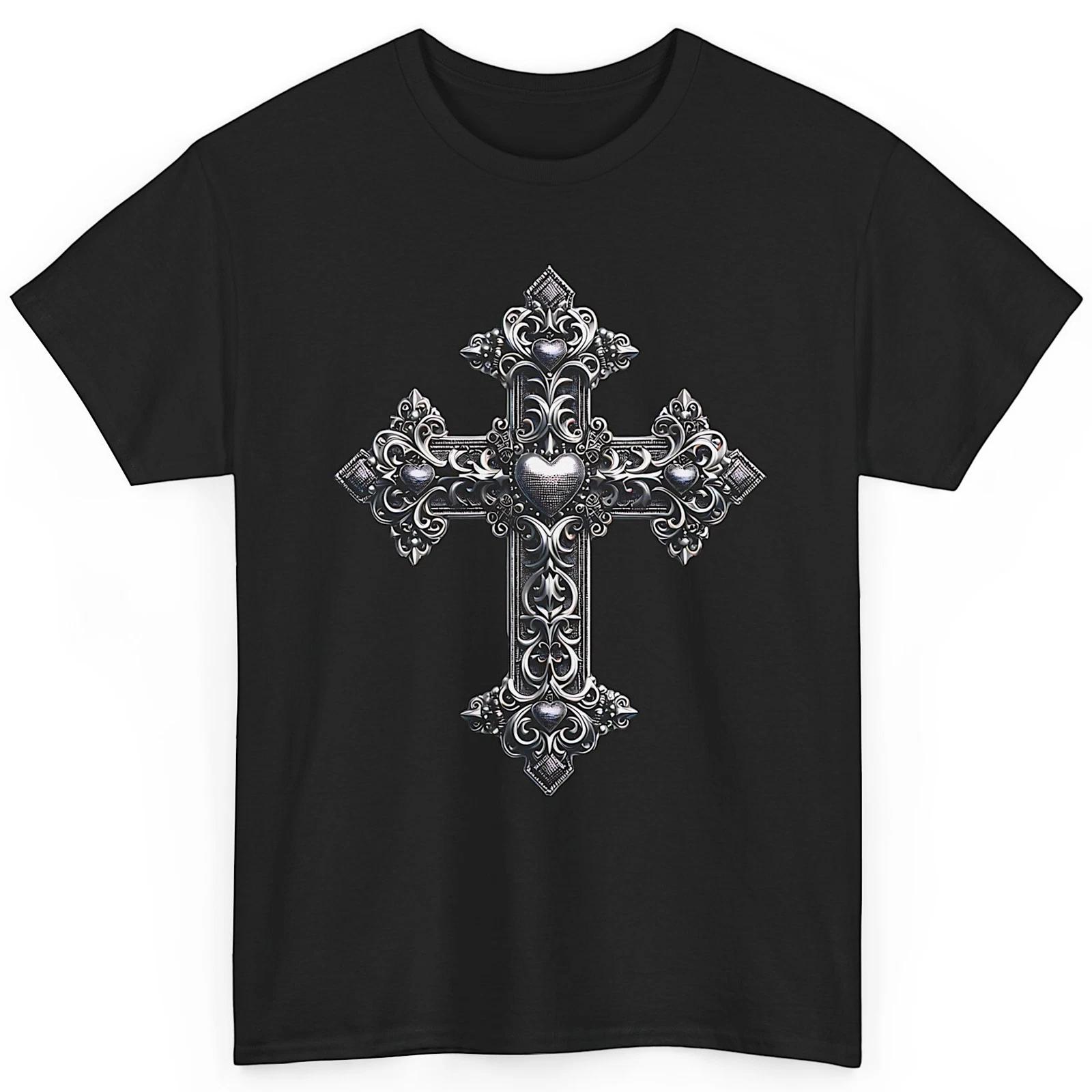 Intricate Chrome Religious Cross Shirt Jesus Faith Inspired Graphic T-Shirt 2XL