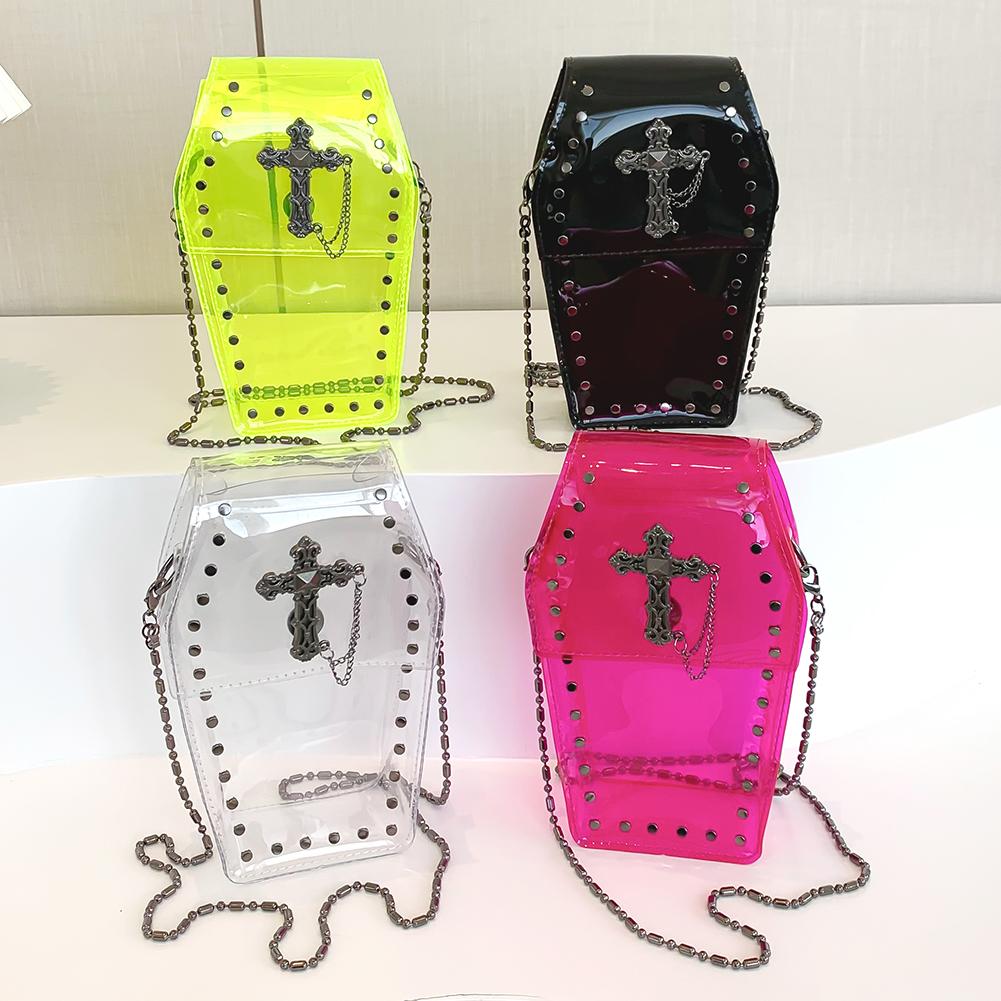 2025 Novelty Coffin Shape Purse Halloween PVC Clear Jelly Chain Crossbody Bag Stadium Approved Phone Bag Punk Retro Shoulder Bag