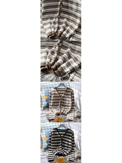 Dámský pruhovaný pletený kardigan v korejském stylu, s dlouhým rukávem, všestranný top, svetr jako svrchní oděv na jaro a podzim.