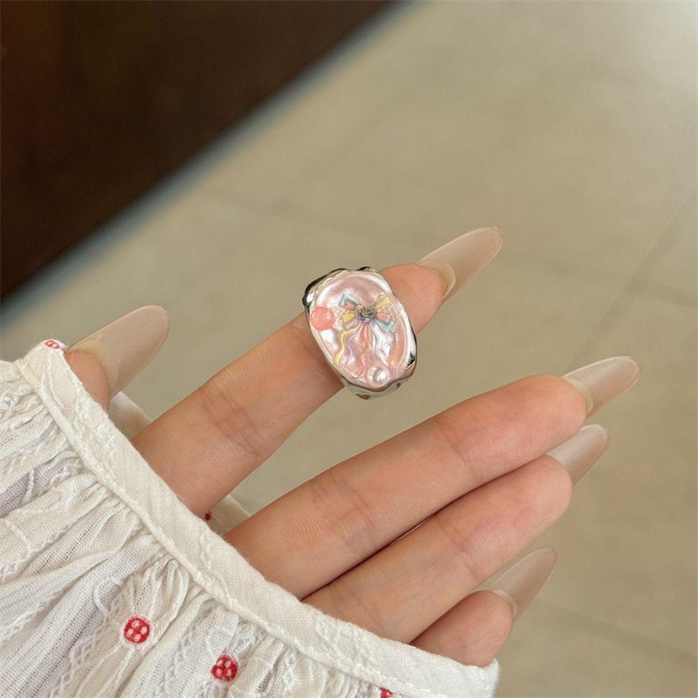 Adjustable Enamel Drip Oil Ring Cartoon Flower Cuff Ring Pink Opening Ring  Festival Ornaments