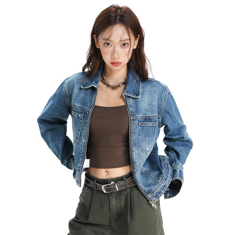 

Женская джинсовая куртка в ретро-стиле с бусинами и воротником на молнии - Универсальная, стильная и уникальная оранжевая модель Medium