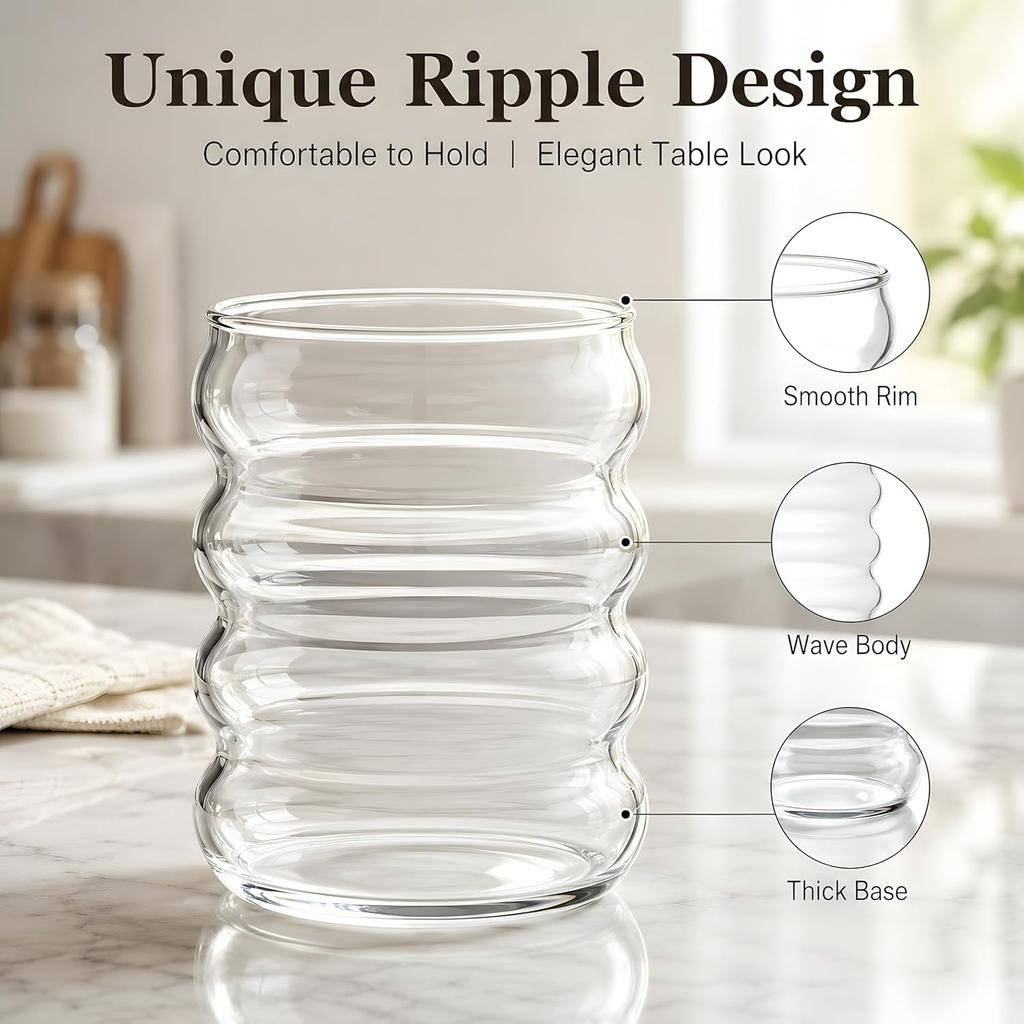 NINU Ribbed Drinking Glass Cups with Glass Straws, Aesthetic Iced Coffee Glasses,Wave Bubble Glasses Tumbler,Ripple Glassware,Beer Glasses for Coctail