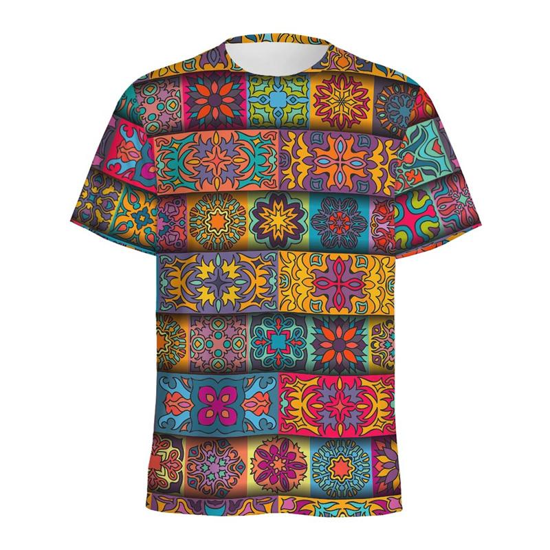 Retro Flower Mandala Pattern T-shirt Men Summer 3D Printed Ethnic Floral T Shirt Women Round Neck Short Sleeve Street Loose Tees