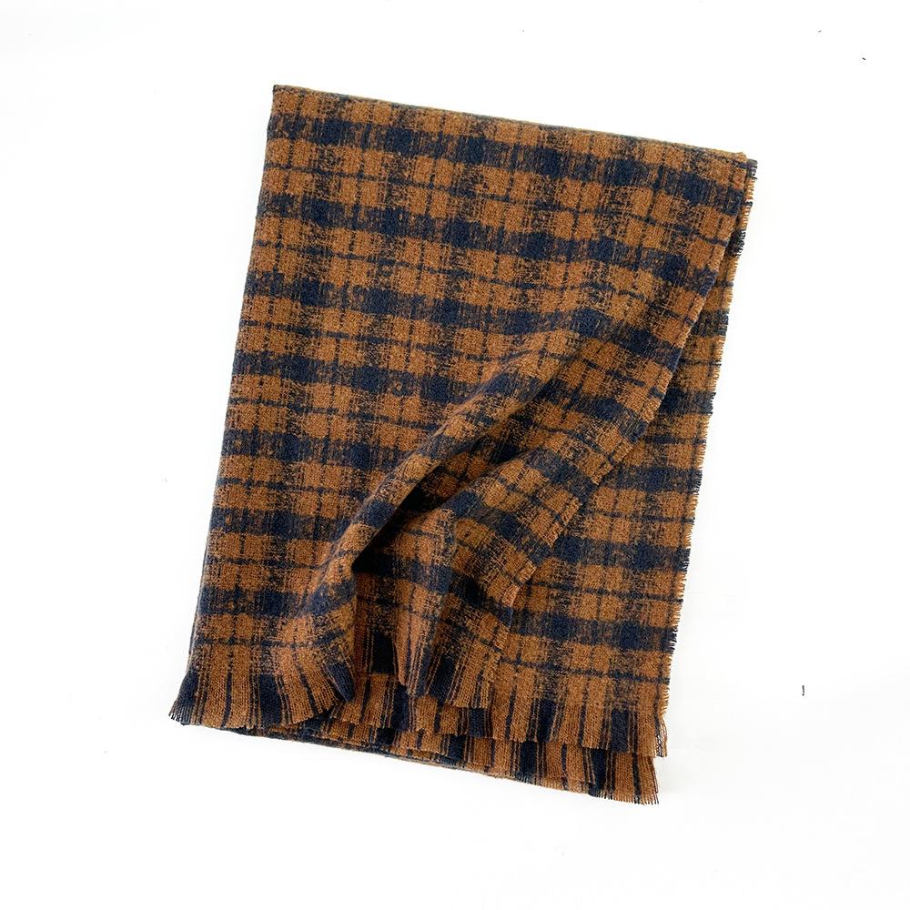 Soft waxy and thick plaid imitation cashmere scarf for women, warm fringed shawl in winter, couple scarf tide