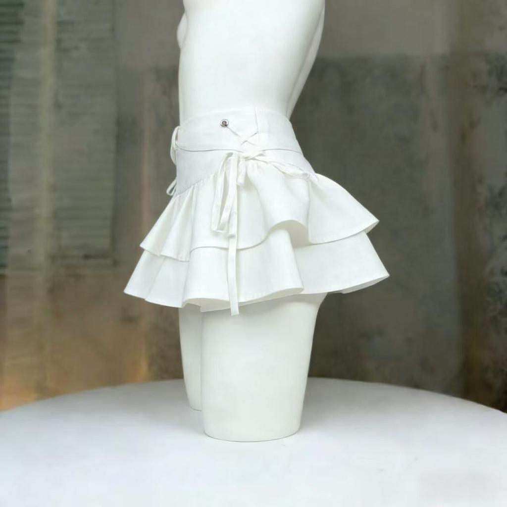 Y2K Black Lace-Up Pleated A-Line Mini Skirt for Women - Spring Sweet Spicy Petite Skort Design